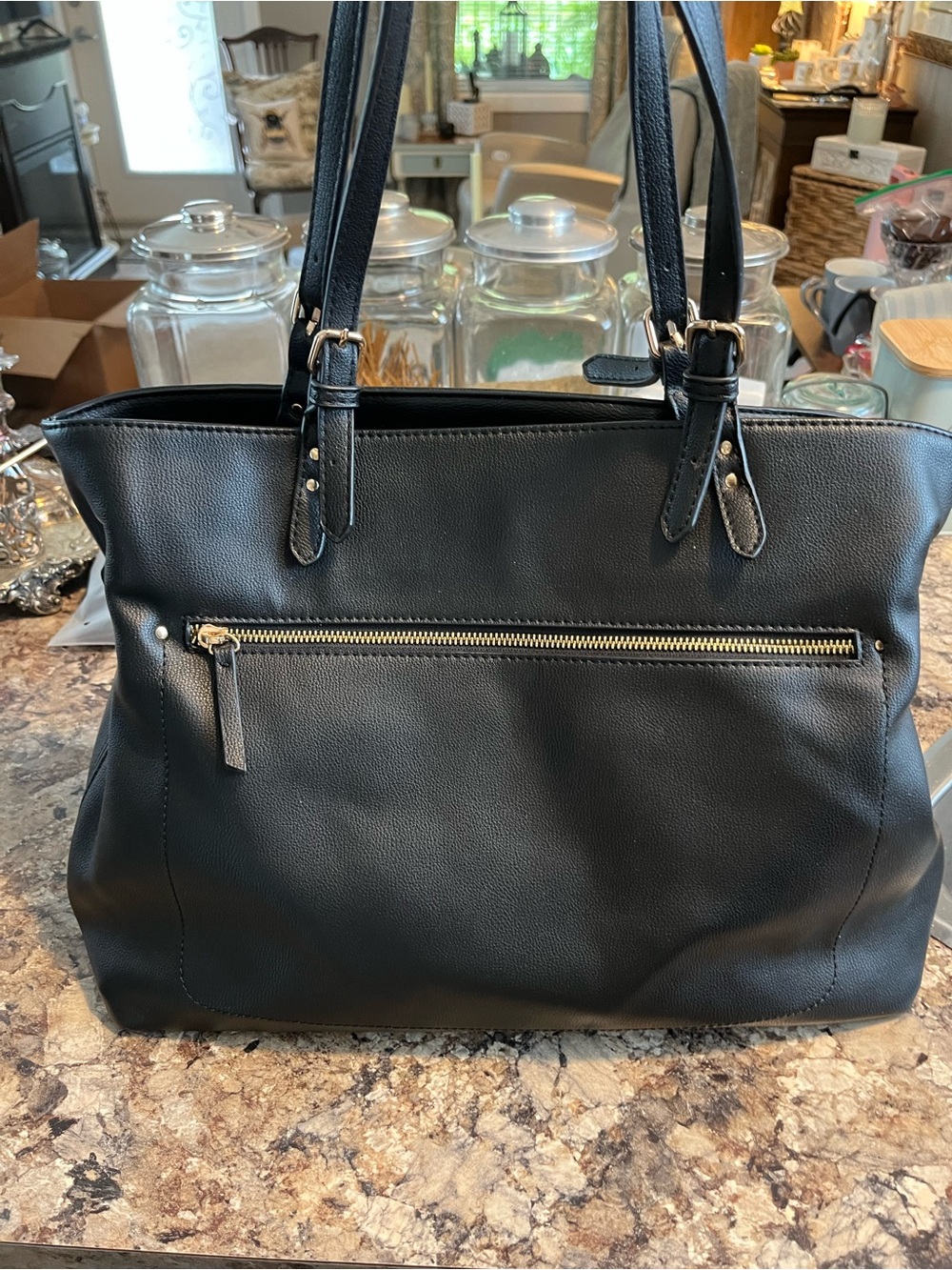 Black Vegan Leather Tote Bag with Front Zip Pocket